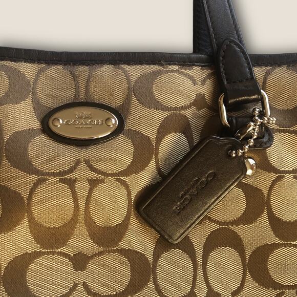 Authentic Coach Jacquard Monogram Tote Purse Brown Tan with Leather Trim - Picture 12 of 15